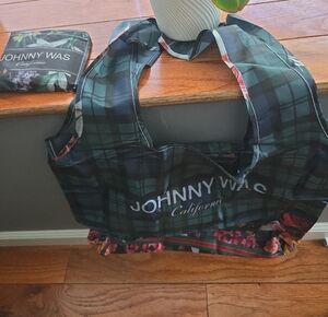 Johnny Was Green Plaid Foldable  Tote with Floral Trim